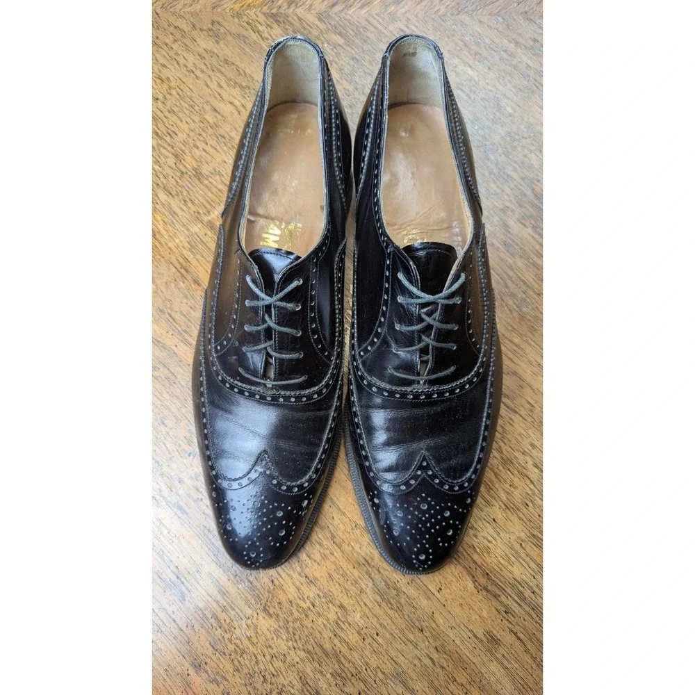 Salvatore Ferragamo 112 Wingtip Oxfords Black Polished Calf Leather Shoes 10B